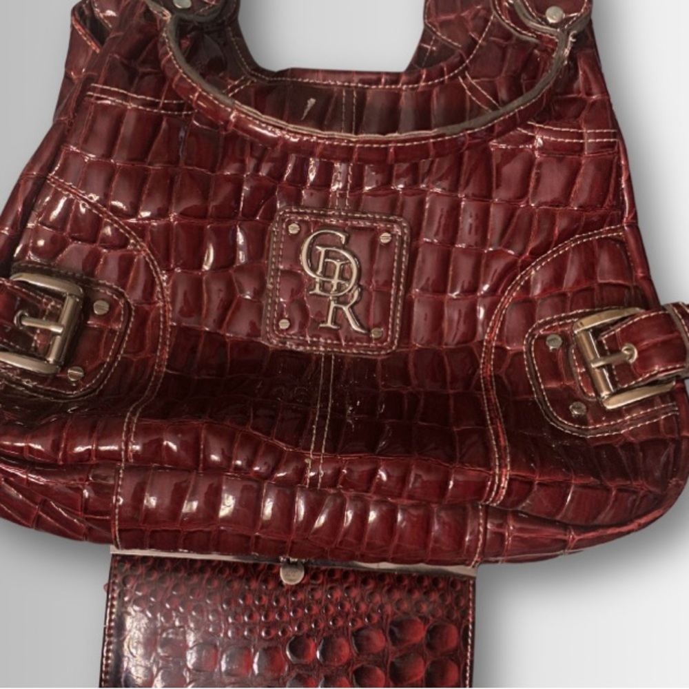 Elegant Kathy Van Zeeland Burgundy Crocodile-Embossed Handbag & Matching Wallet